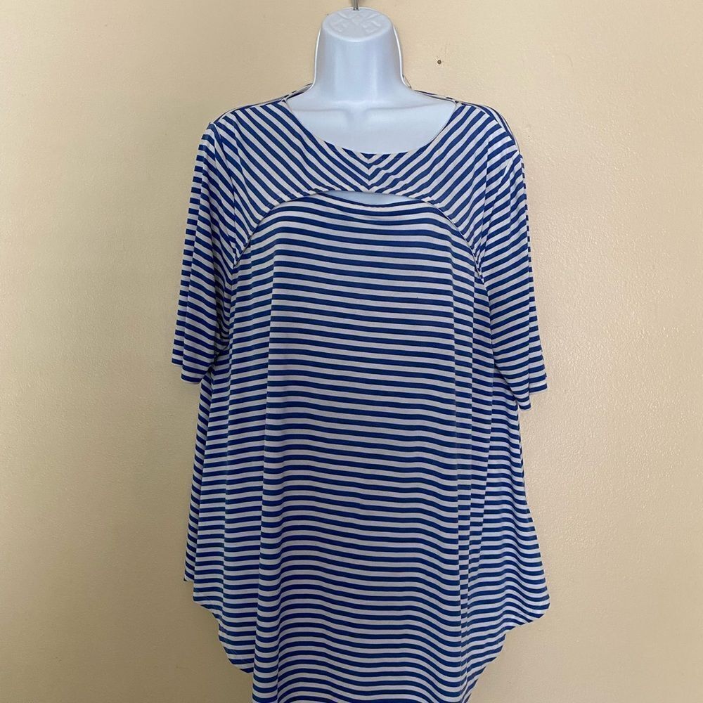 Chico’s Blue Striped Peek-a-Boo Cutout Short Sleeve Women's Top